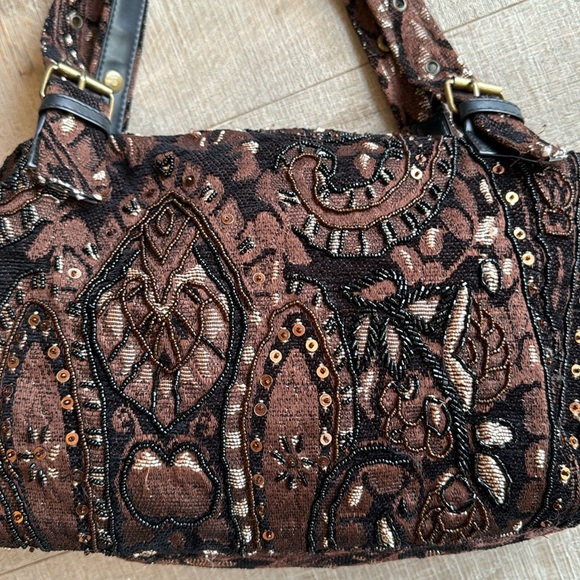 Unbranded Brown & Black Bohemian Beaded Tote Bag with Double Shoulder Staps - Picture 2 of 15